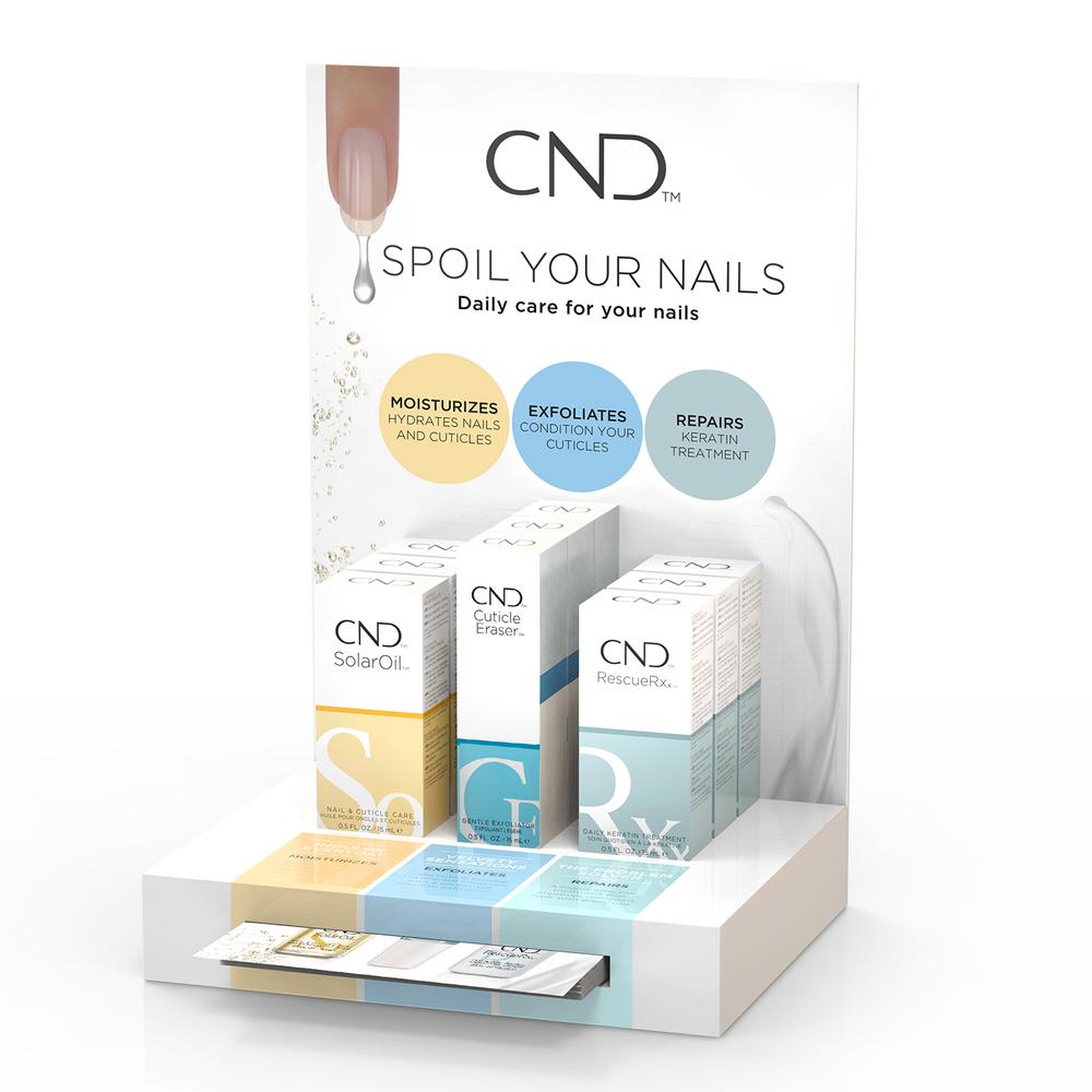 CND Care Display - állvány RescueRXx, SolarOil és Cuticle Eraser termékekkel